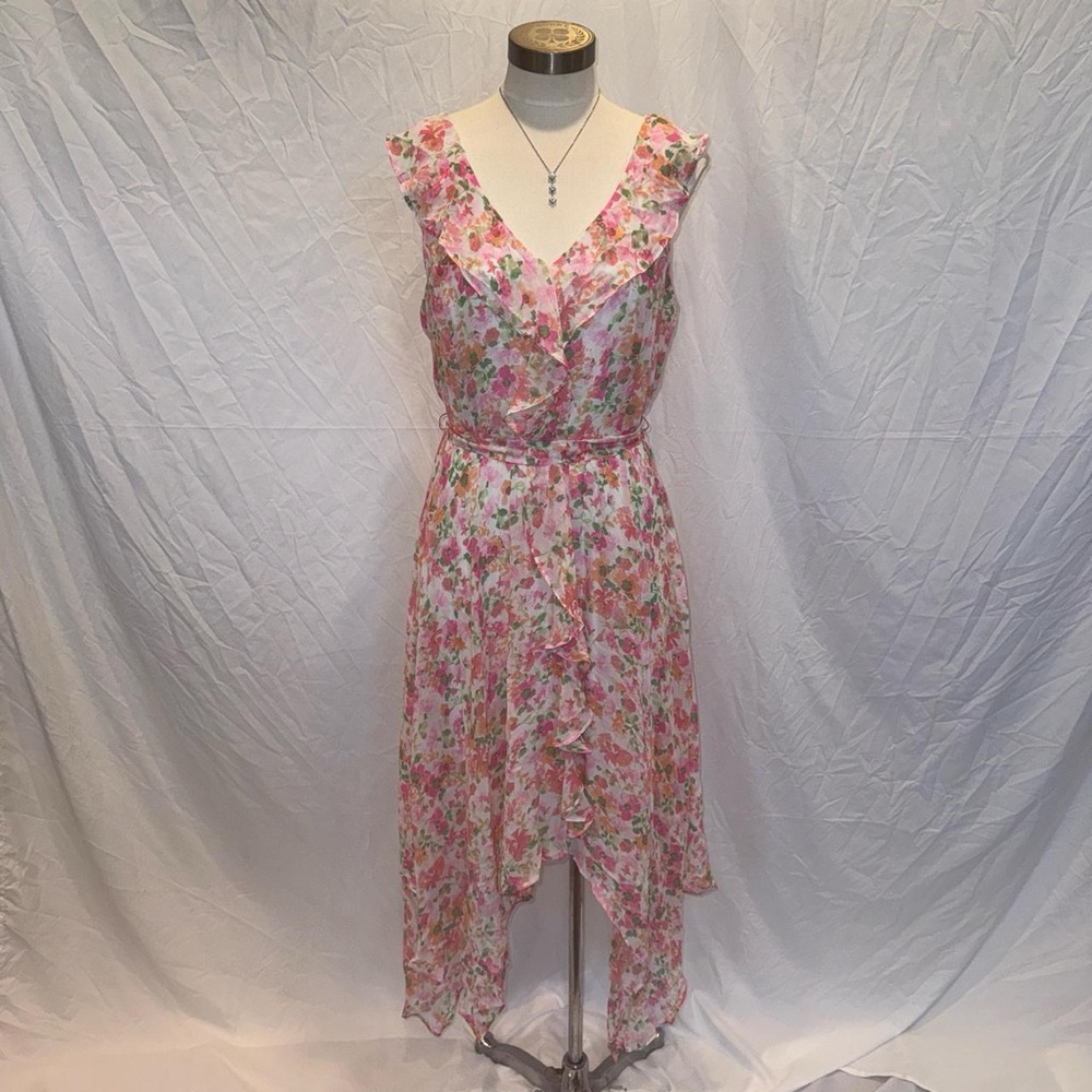 Adorable Pink Floral Midi Dress with Asymmetrical Handkerchief Hem, Fairycore - Picture 4 of 6
